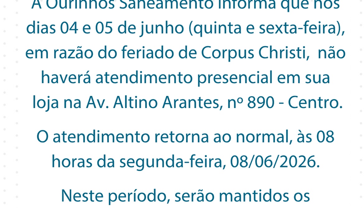 Comunicado sobre atendimento no feriado dias 04 e 05 de Junho de 2026