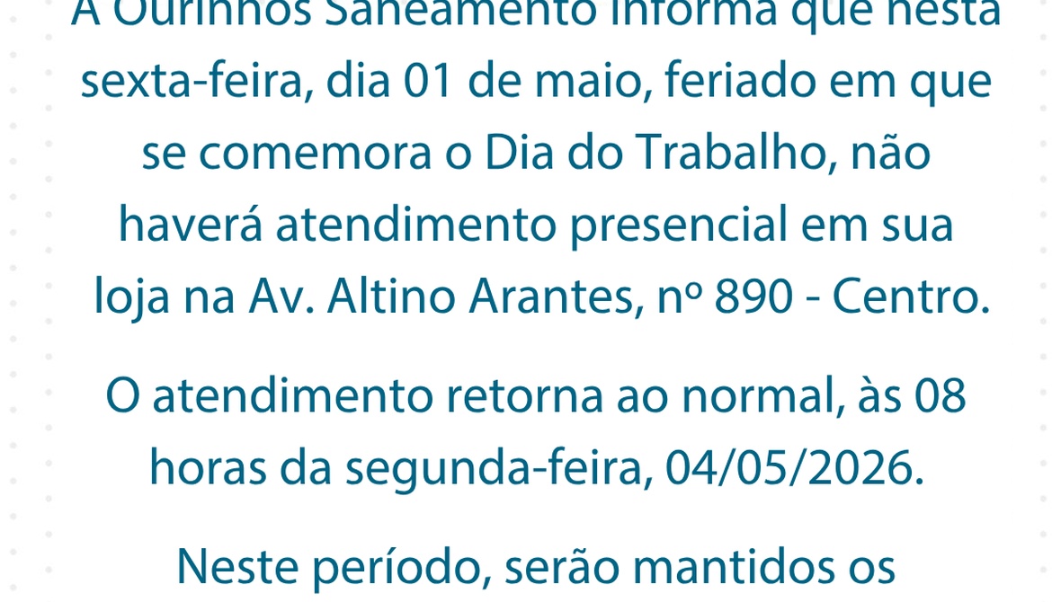 Comunicado sobre atendimento no feriado dia 01 de maio de 2026