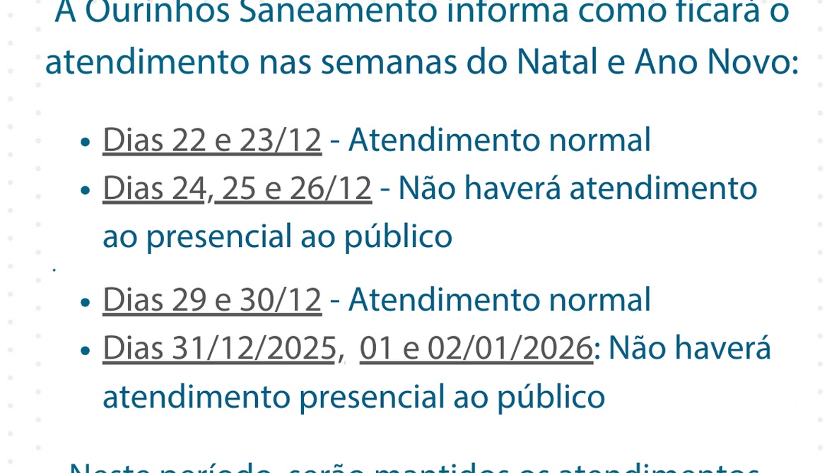 Comunicado sobre atendimento na semana do Natal e Ano Novo