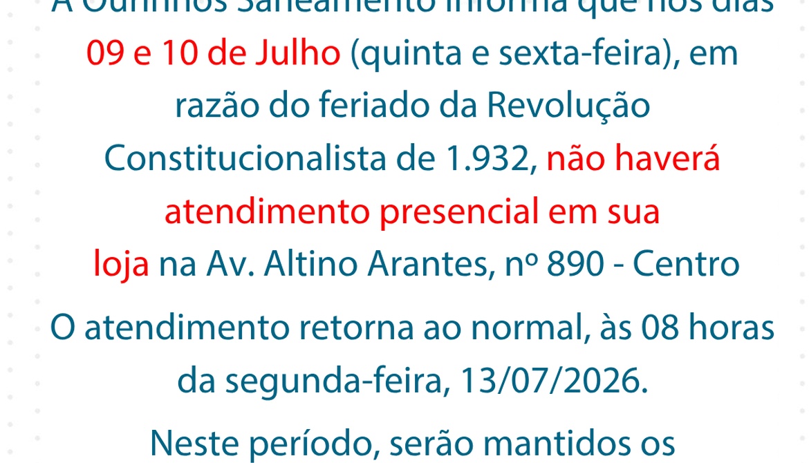 Comunicado sobre atendimento nos dias 09 e 10 de Julho
