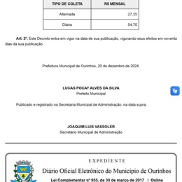 Segue na íntegra o decreto que trata do reajuste da taxa do lixo da cidade de Ourinhos/SP