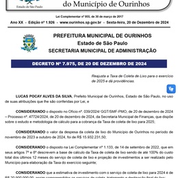 Segue na íntegra o decreto que trata do reajuste da taxa do lixo da cidade de Ourinhos/SP