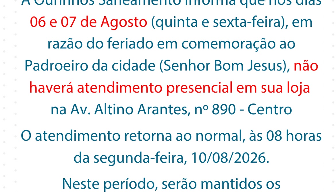 Comunicado sobre atendimento nos dias 06 e 07 de agosto